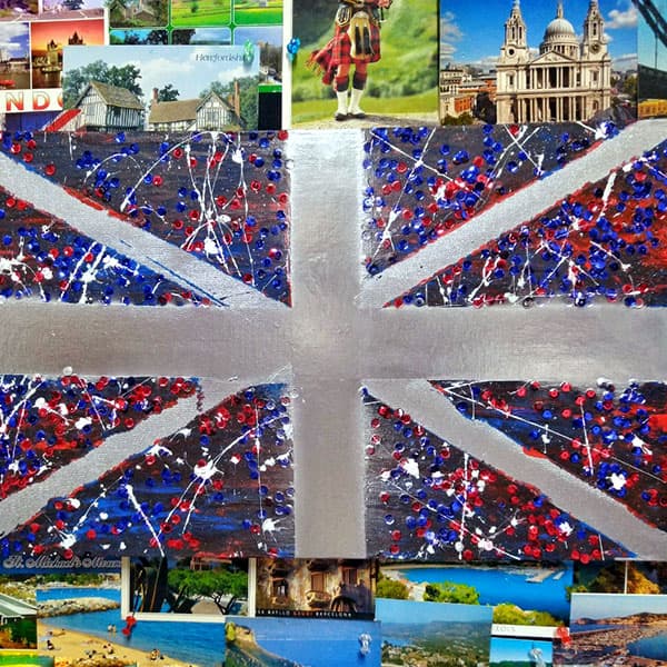 Visão geral da plataforma de aprendizado de inglês LondonLink com colagem da bandeira do Reino Unido